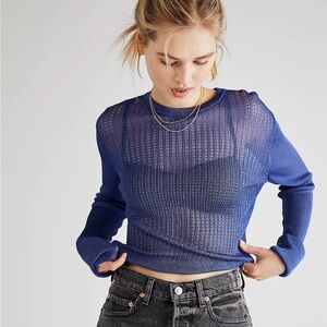 Free People H20 Crew Sheer Mesh Royal Blue Sweater Top Size XS